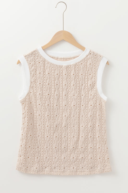 Oatmeal Floral Textured Crew Neck Tank Top