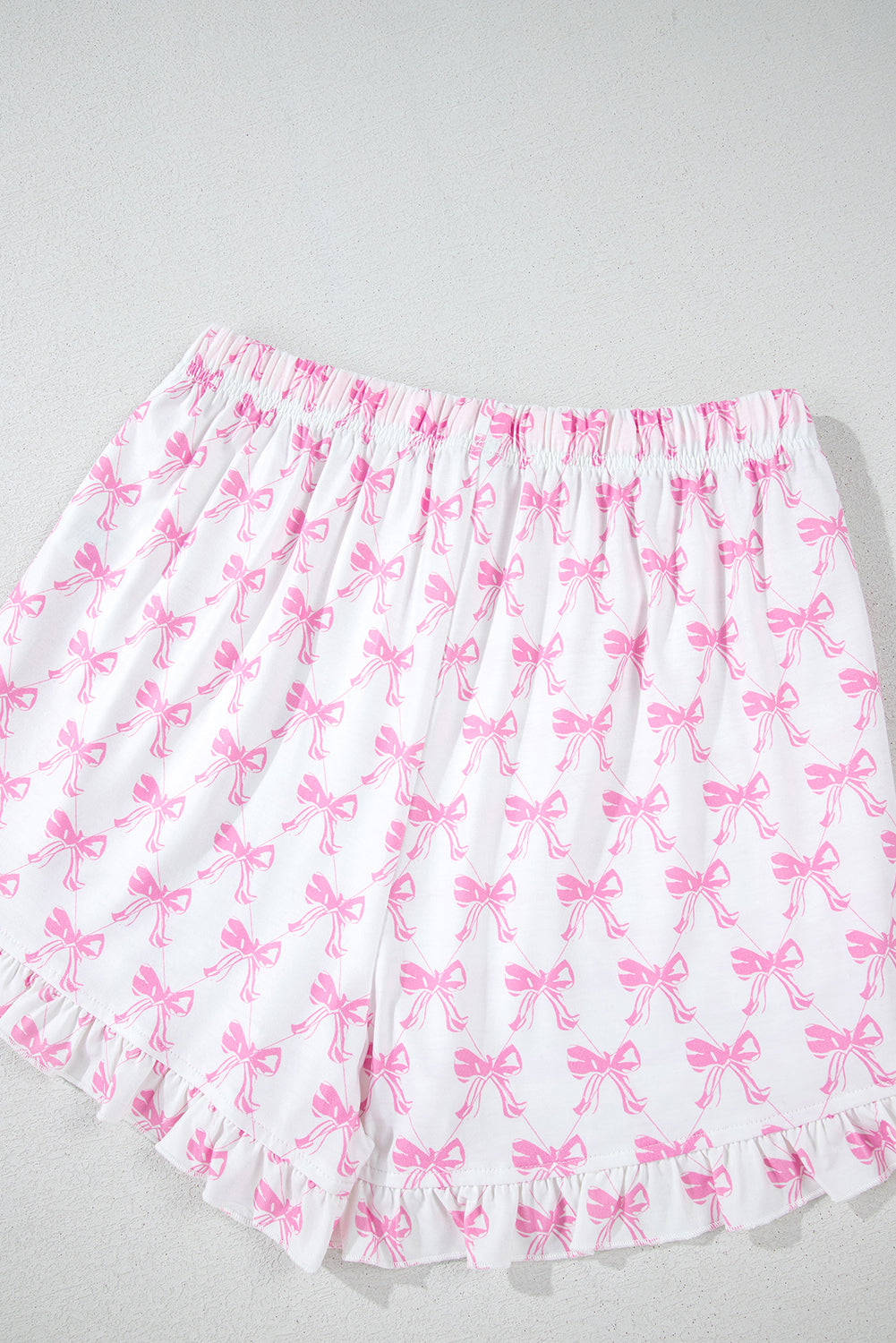 Pink Bowknot Printed Short Sleeve and Ruffled Shorts Pajama Set