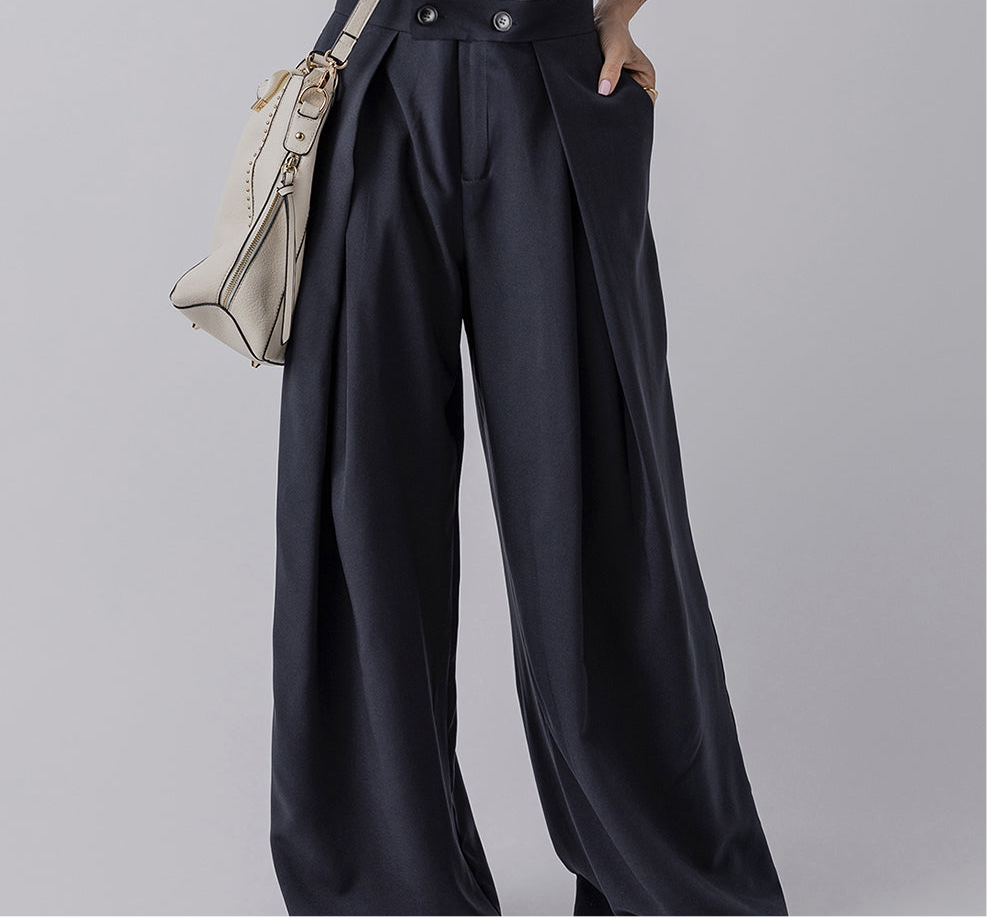 Dirty blue Dual Buttoned High Waist Pleated Wide Leg Pants