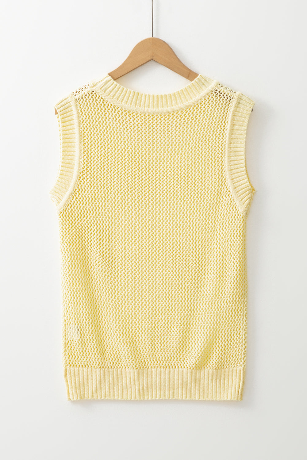 Yellow Solid Color Hollowed Knit Round Neck Sweater Vest