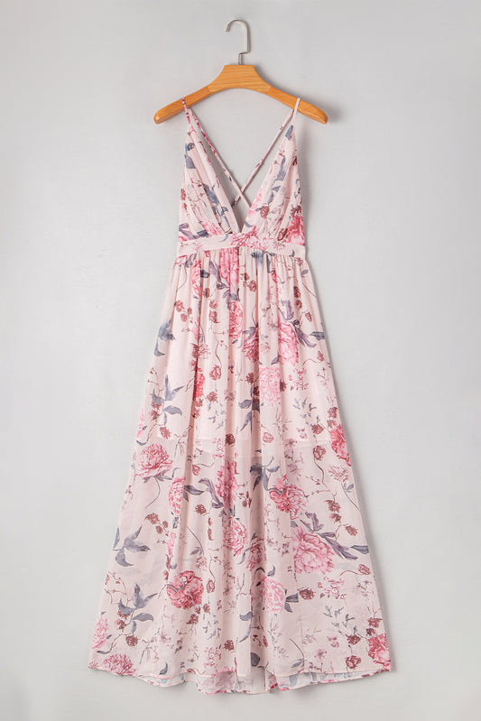 Pink Floral Pleated Bust Deep V Empire Waist Backless Maxi Dress