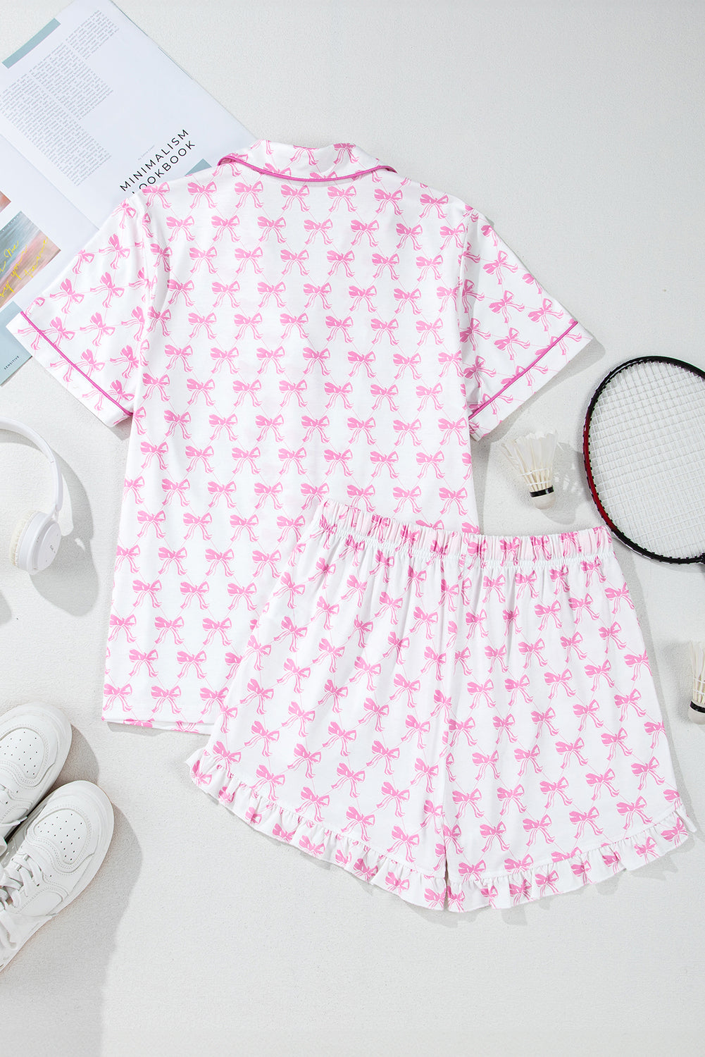 Pink Bowknot Printed Short Sleeve and Ruffled Shorts Pajama Set