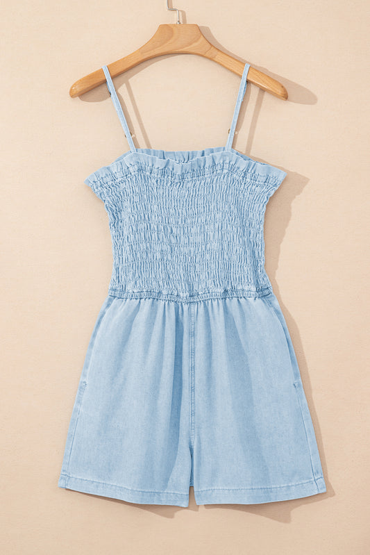 Beau Blue Spaghetti Strap Smocked Denim Romper