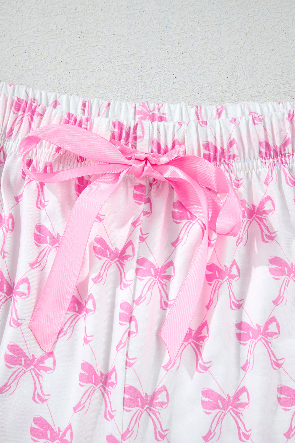 Pink Bowknot Printed Short Sleeve and Ruffled Shorts Pajama Set