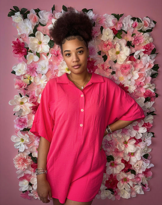 Bright Pink Half Button Collared Loose Romper