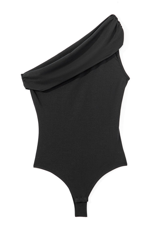 Black Solid Color Pleated One Shoulder Bodysuit