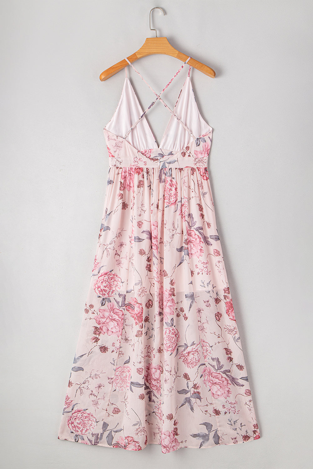 Pink Floral Pleated Bust Deep V Empire Waist Backless Maxi Dress