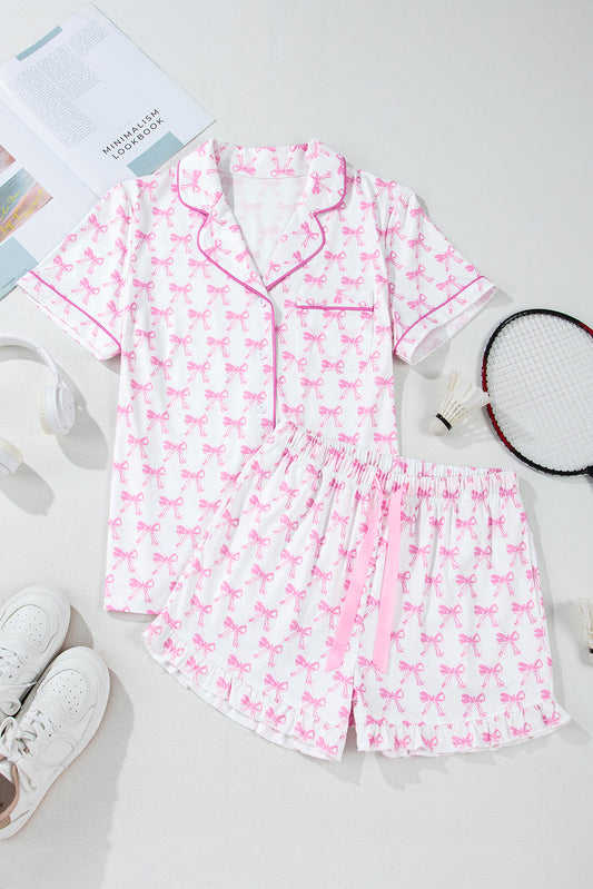 Pink Bowknot Printed Short Sleeve and Ruffled Shorts Pajama Set