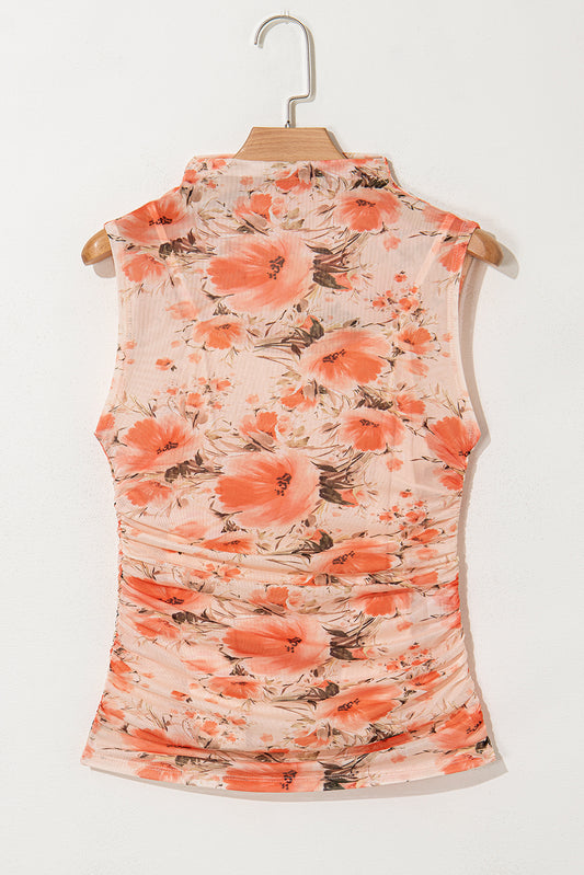 Red Mesh Floral Printed Slim Fit Tank Top